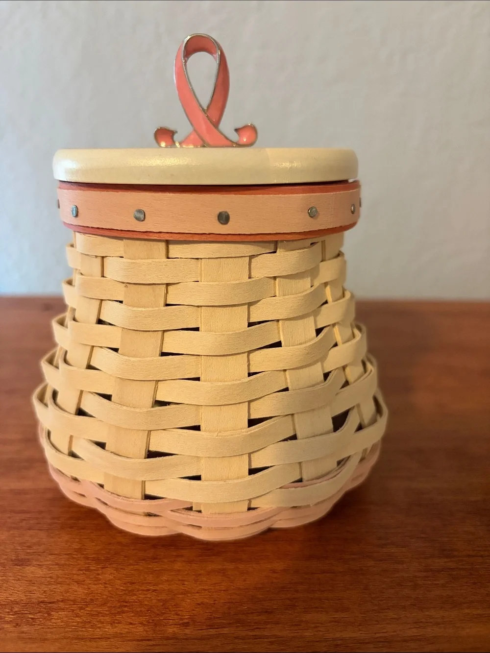 Longaberger Cream and Pink Woven Decorative Basket with Ribbon Finial